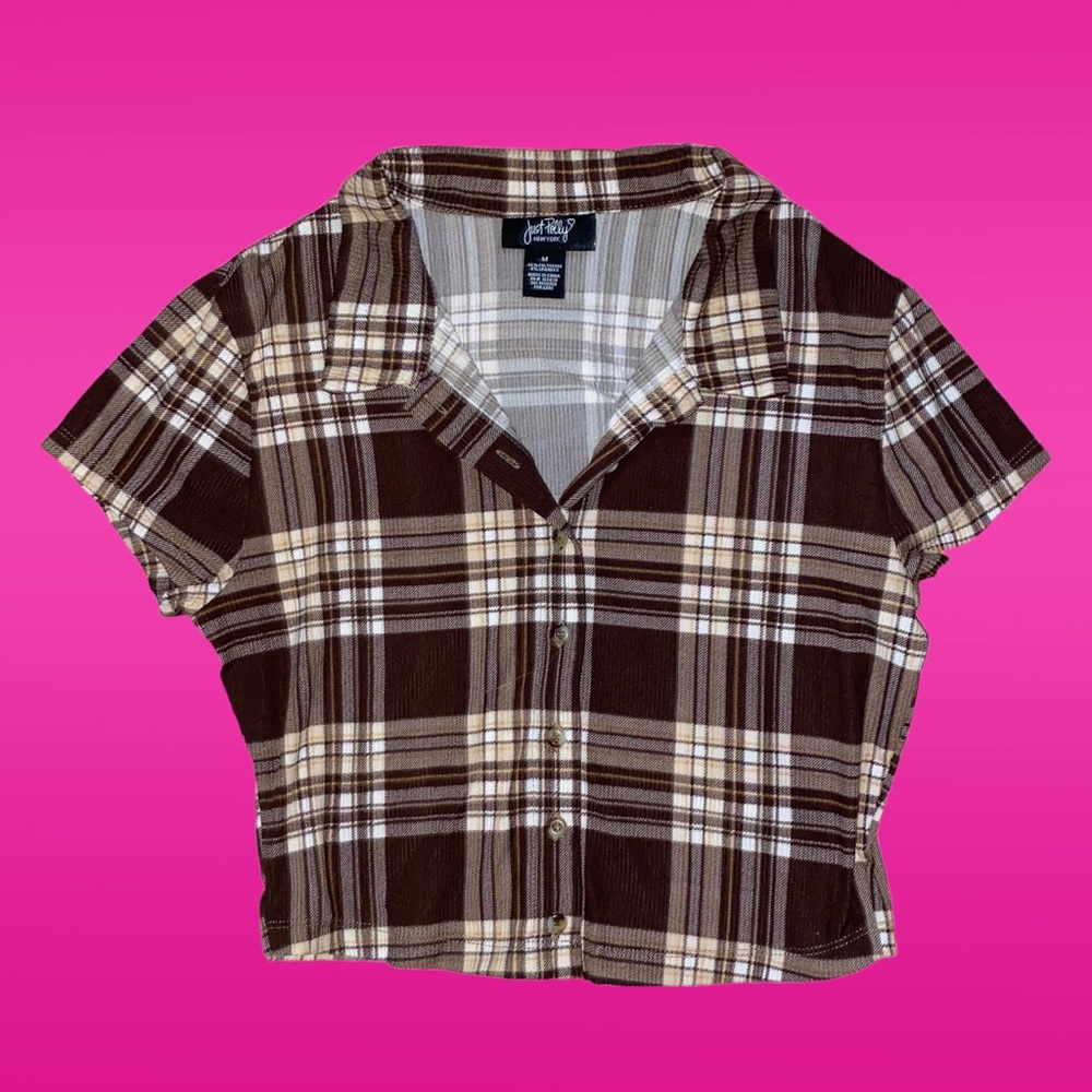 🤎Brown & Beige Plaid Collared 
Button Up Crop Top🤎